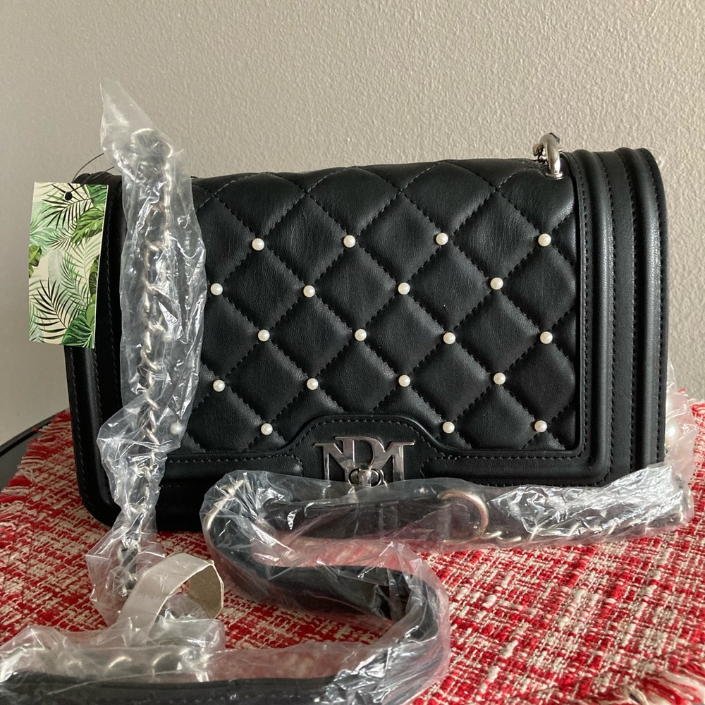 Badgley Mischka Black Quilted Crossbody Bag with Pearl Details